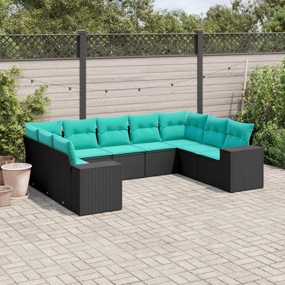9-teiliges Gartensofa-Set mit Kissen, schwarzes Polyrattan