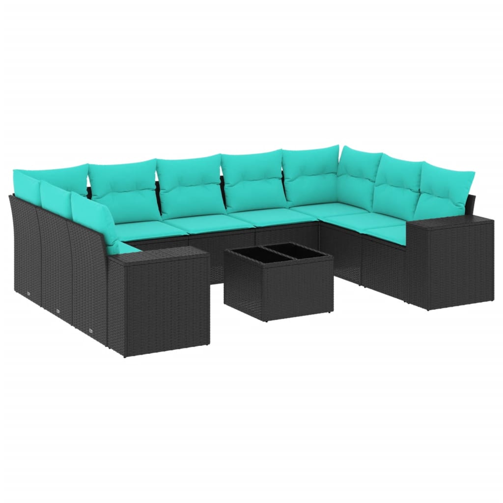 10-teiliges Gartensofa-Set mit Kissen, schwarzes Polyrattan