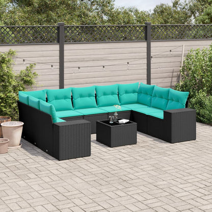10-teiliges Gartensofa-Set mit Kissen, schwarzes Polyrattan
