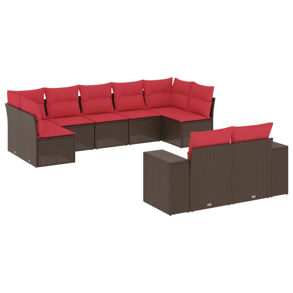 9-teiliges Gartensofa-Set mit Kissen, braun, Polyrattan