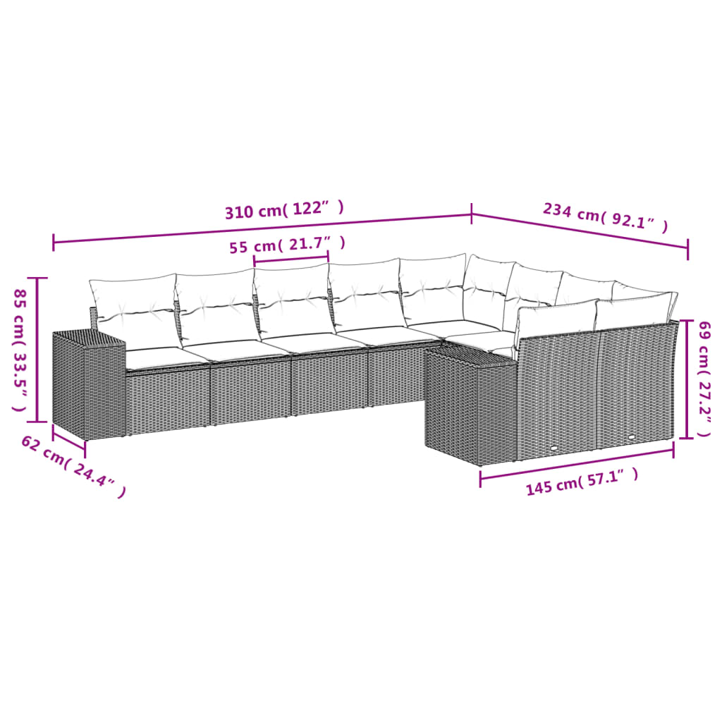 9-teiliges Gartensofa-Set mit Kissen, schwarzes Polyrattan