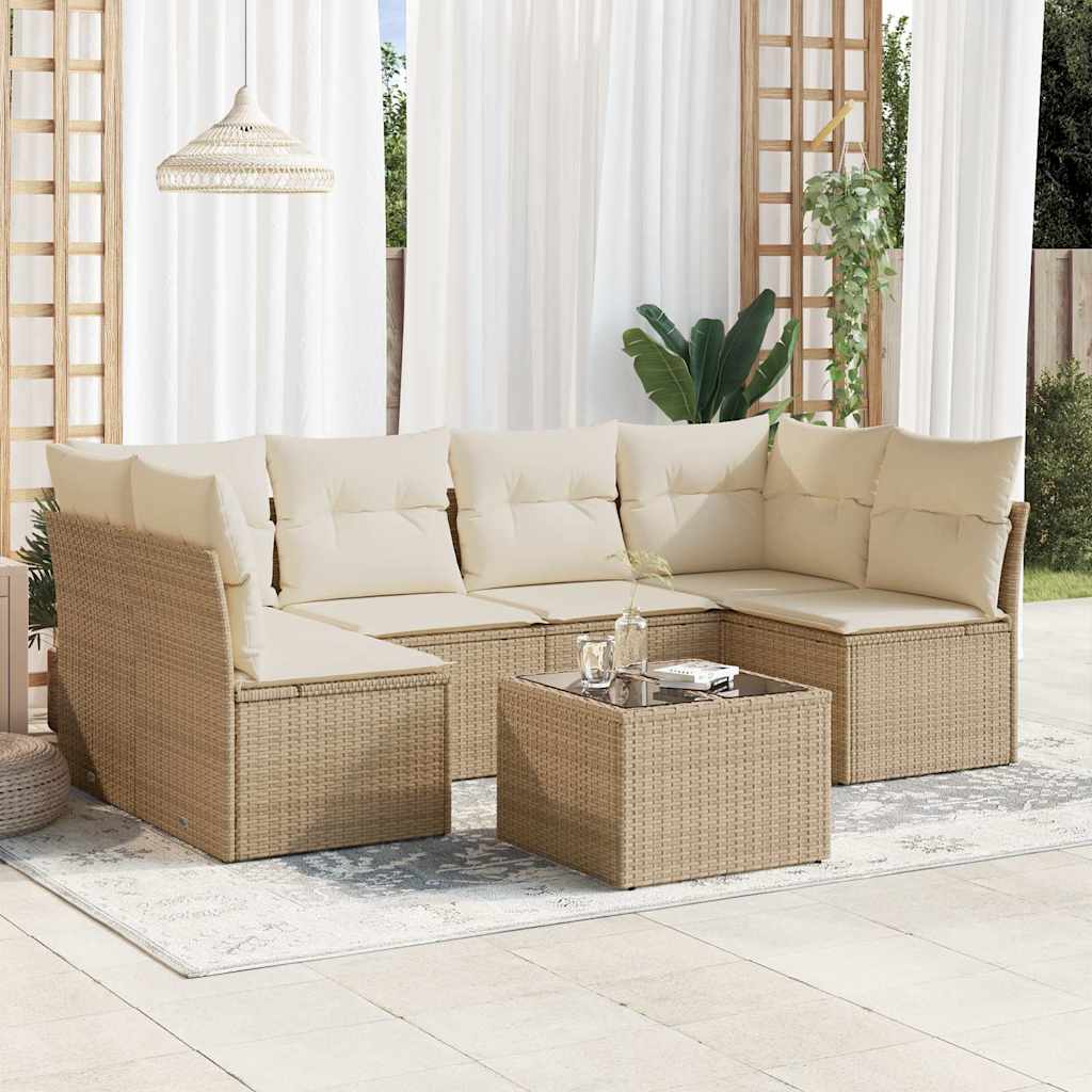 7-tlg. Garten-Sofagarnitur mit Kissen Beige Poly Rattan
