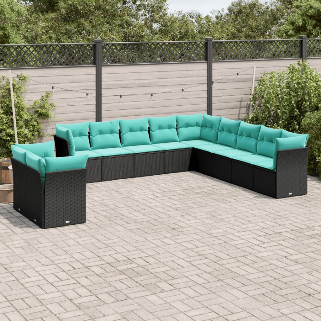 11-teiliges Gartensofa-Set mit Kissen, schwarzes Polyrattan