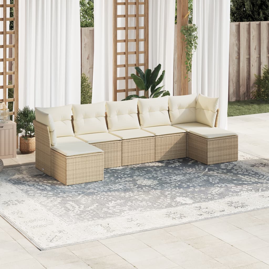 7-tlg. Garten-Sofagarnitur mit Kissen Beige Poly Rattan