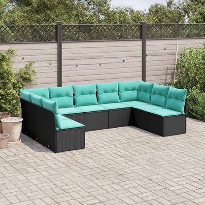 9-teiliges Gartensofa-Set mit Kissen, schwarzes Polyrattan