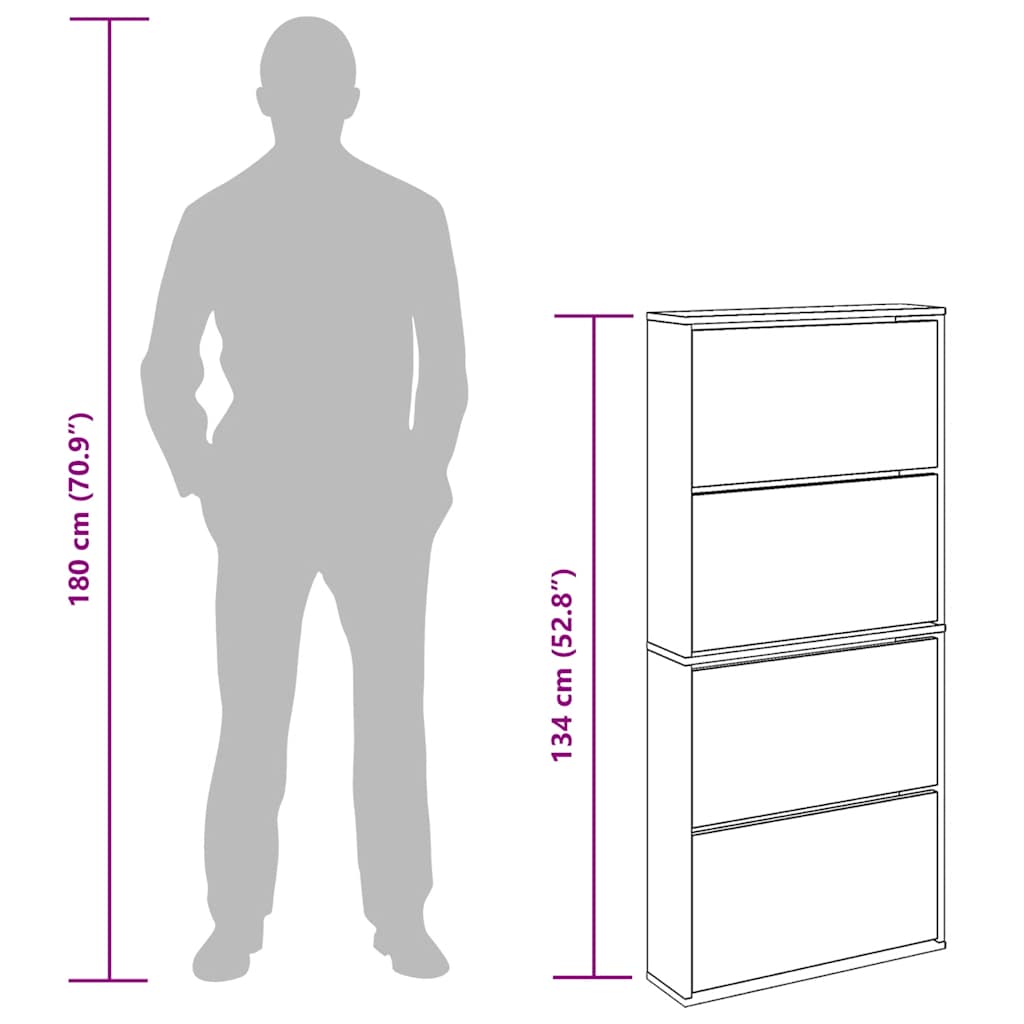 Schuhschrank mit Spiegel 4 Fächer Braun Eiche-Optik 63x17x134cm