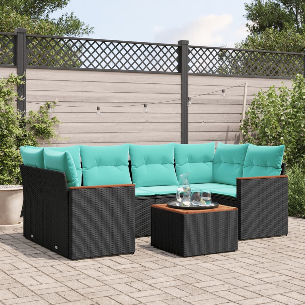 7-teiliges Gartensofa-Set mit Kissen, schwarzes Polyrattan