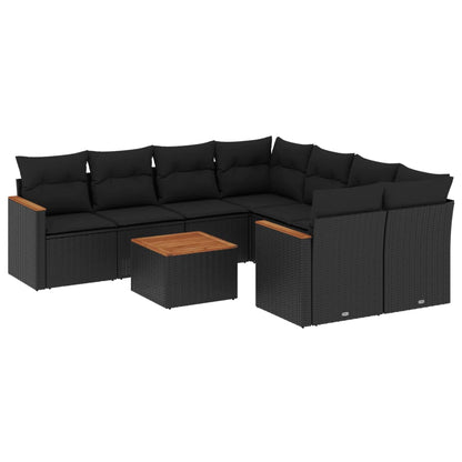 9-tlg. Garten-Sofagarnitur mit Kissen Schwarz Poly Rattan