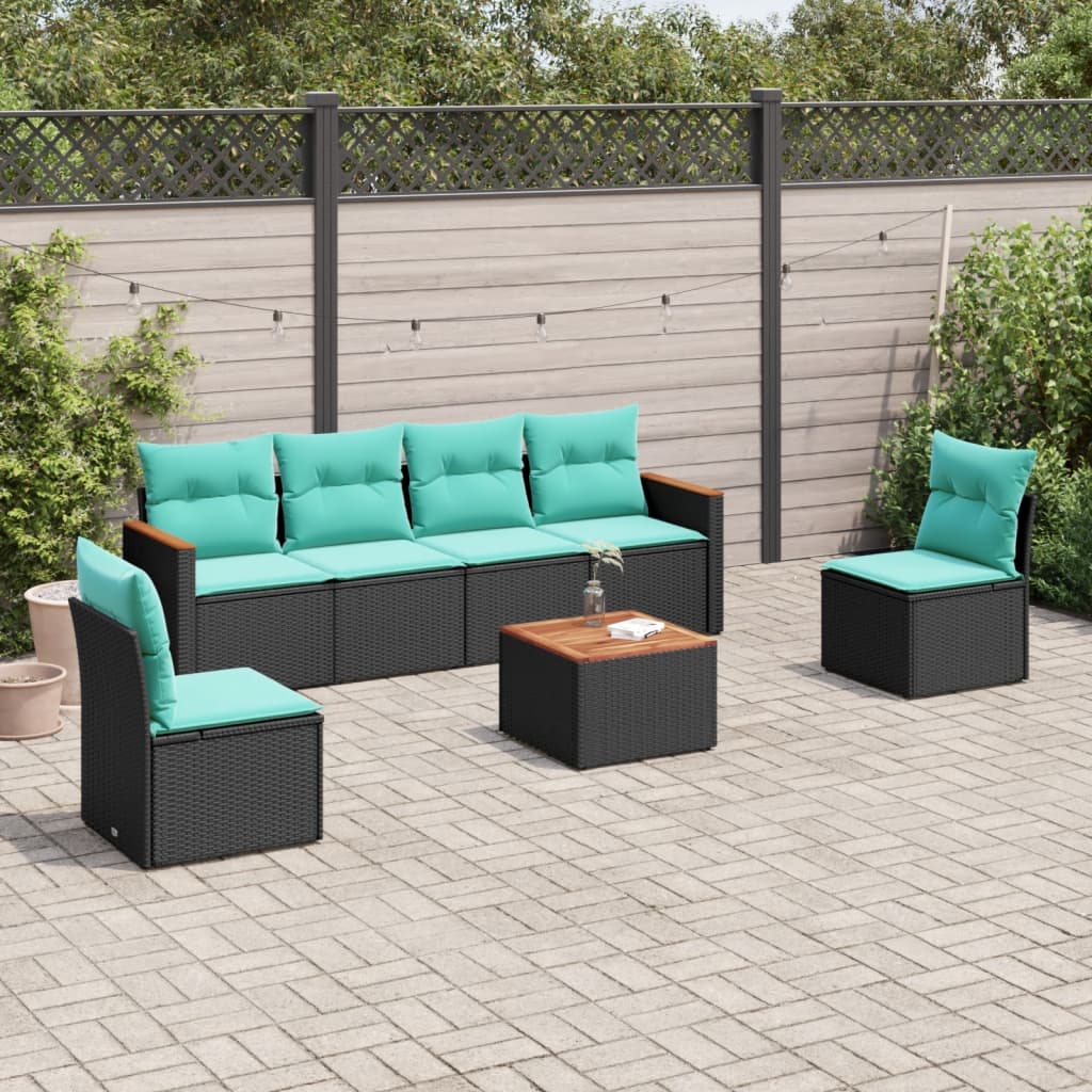 7-teiliges Gartensofa-Set mit Kissen, schwarzes Polyrattan