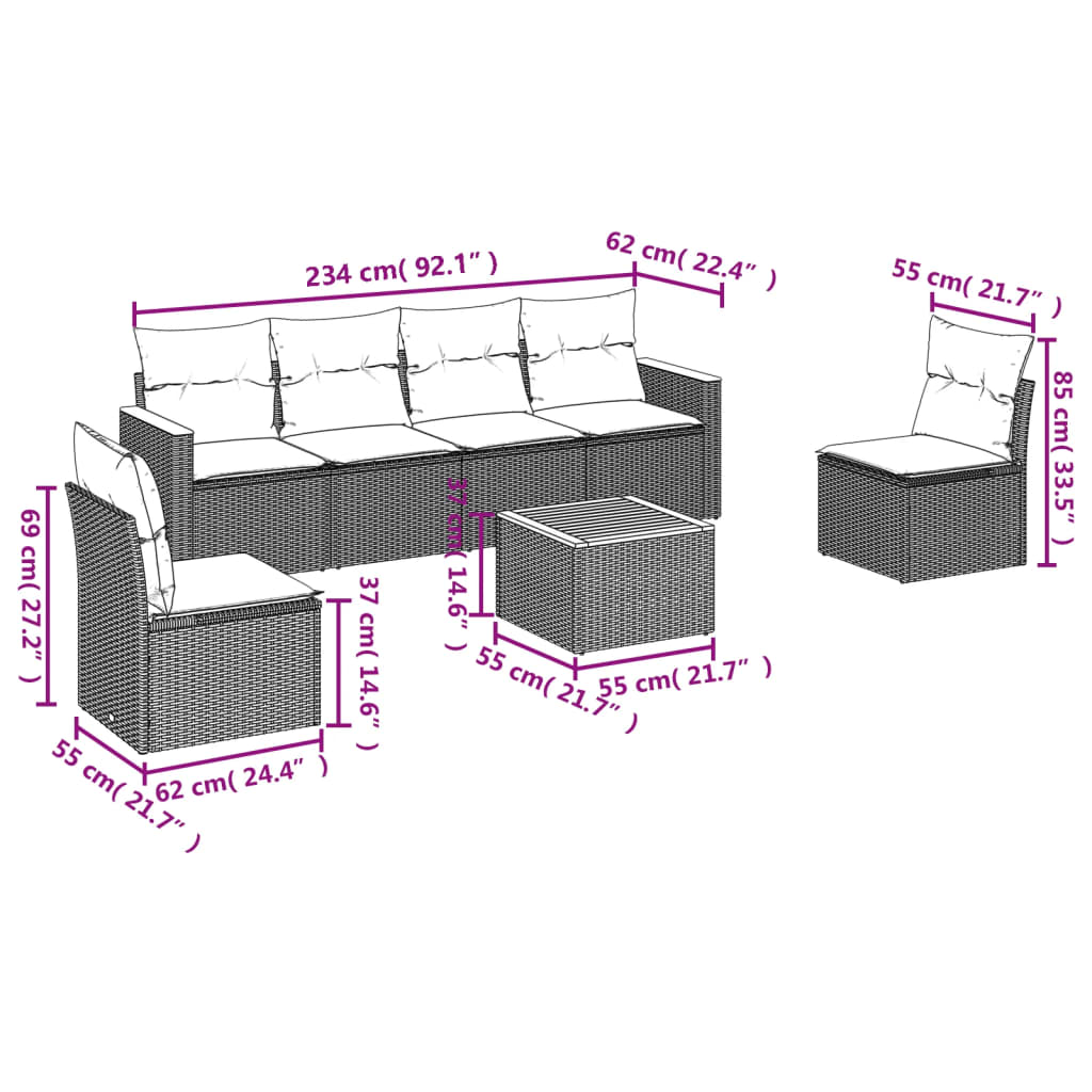 7-teiliges Gartensofa-Set mit Kissen, grau, Polyrattan