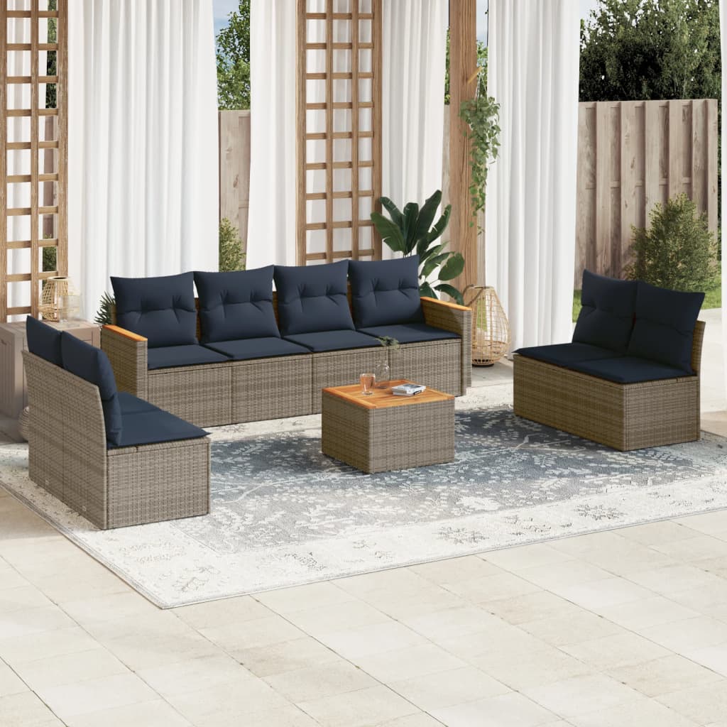 9-teiliges Gartensofa-Set mit Kissen, grau, Polyrattan