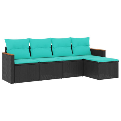 5-teiliges Gartensofa-Set mit Kissen, schwarzes Polyrattan