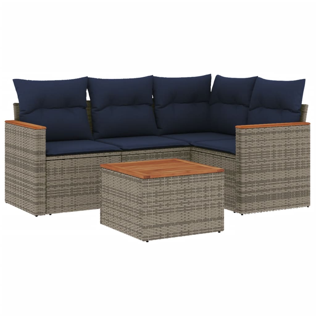 5-teiliges Gartensofa-Set mit Kissen, grau, Polyrattan