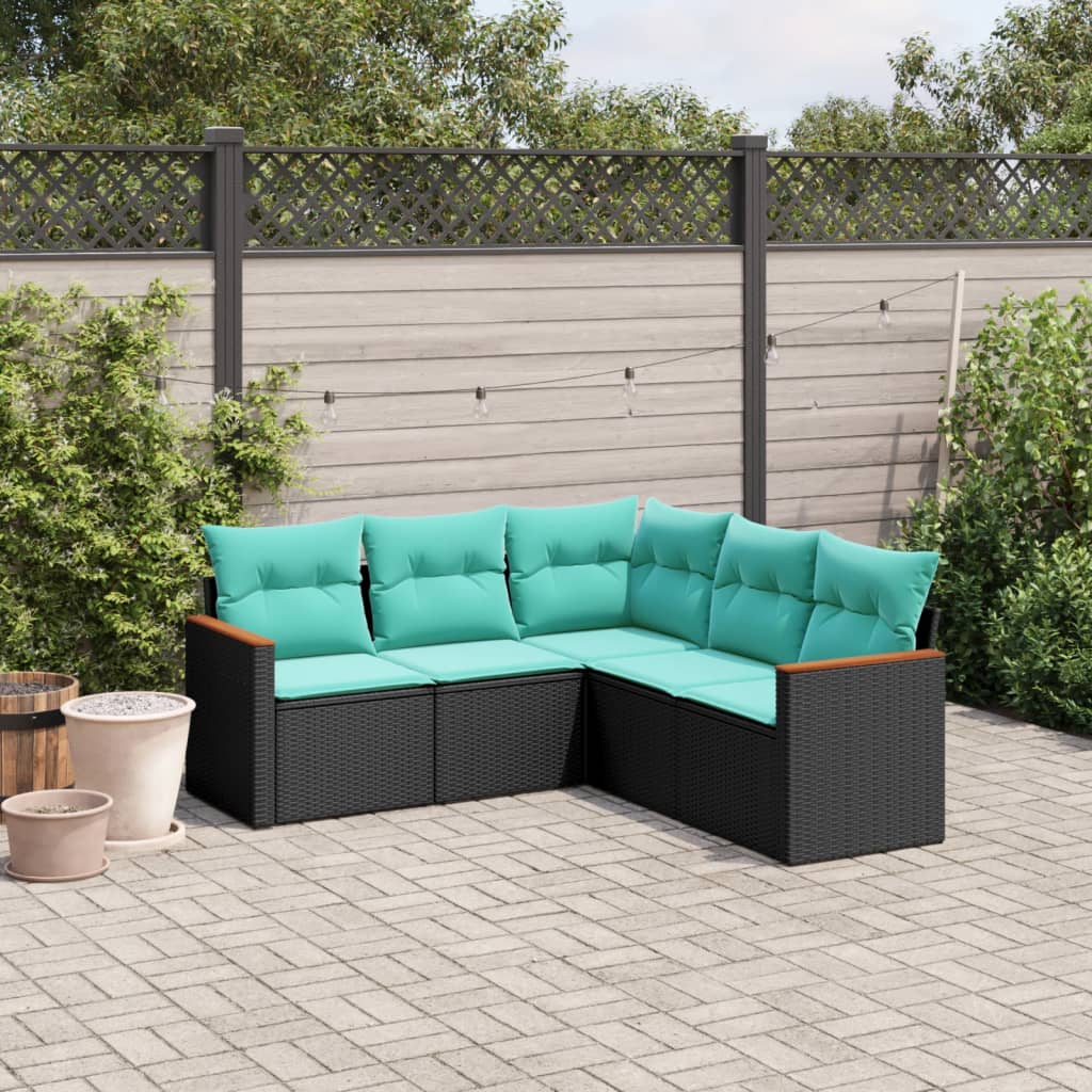 5-teiliges Gartensofa-Set mit Kissen, schwarzes Polyrattan