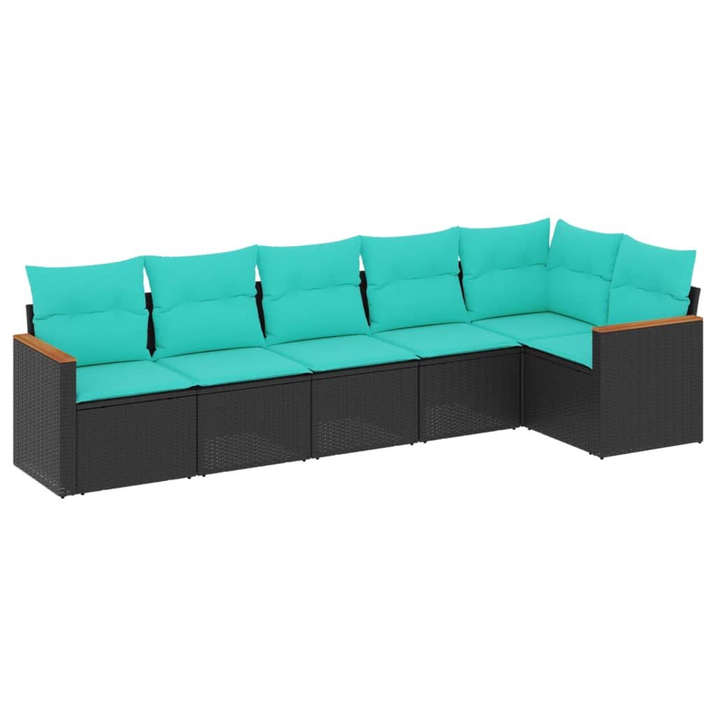 6-teiliges Gartensofa-Set mit Kissen, schwarzes Polyrattan