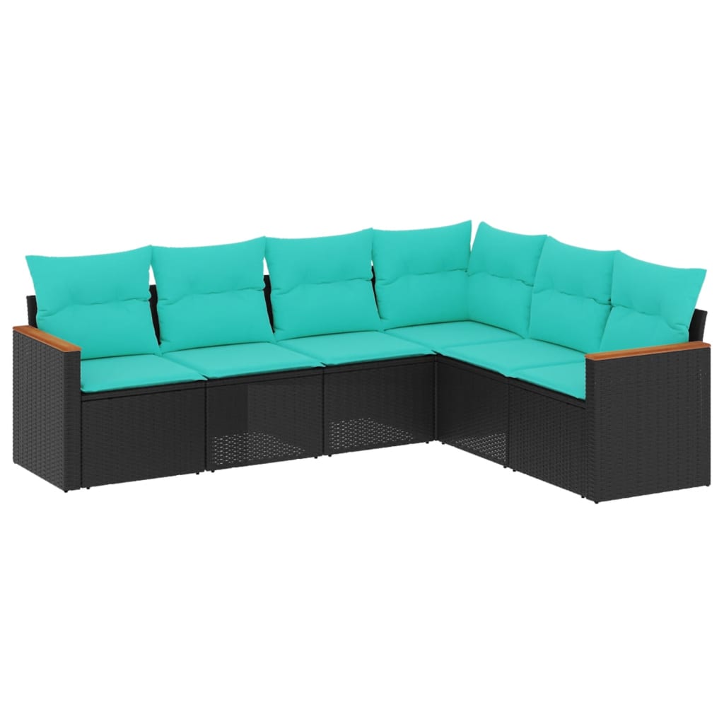 6-teiliges Gartensofa-Set mit Kissen, schwarzes Polyrattan