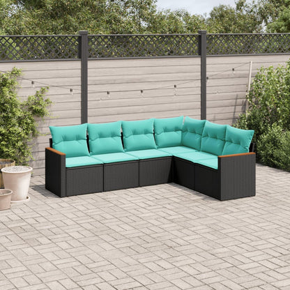 6-teiliges Gartensofa-Set mit Kissen, schwarzes Polyrattan