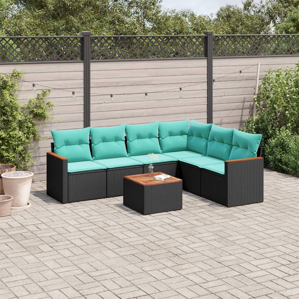 7-teiliges Gartensofa-Set mit Kissen, schwarzes Polyrattan