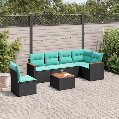 7-teiliges Gartensofa-Set mit Kissen, schwarzes Polyrattan