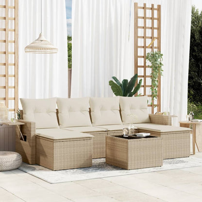 7-tlg. Garten-Sofagarnitur mit Kissen Beige Poly Rattan