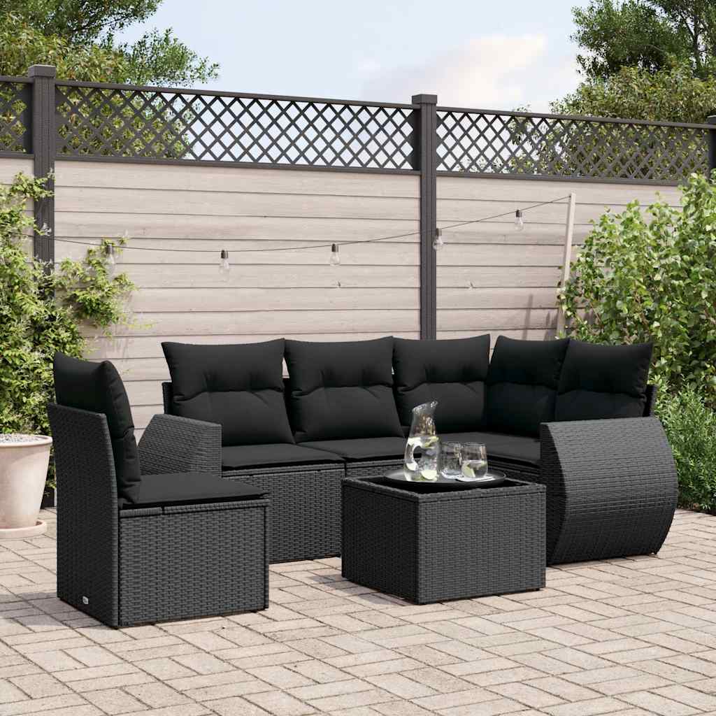 6-tlg. Garten-Sofagarnitur mit Kissen Schwarz Poly Rattan