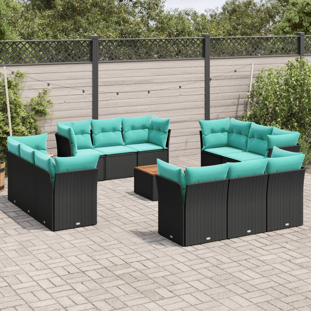 13-tlg. Garten-Sofagarnitur mit Kissen Schwarz Poly Rattan