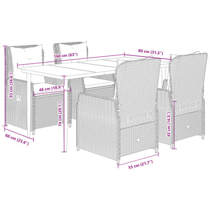 5-tlg. Garten-Essgruppe mit Kissen Schwarz Poly Rattan