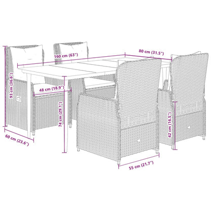 5-tlg. Garten-Essgruppe mit Kissen Grau Poly Rattan