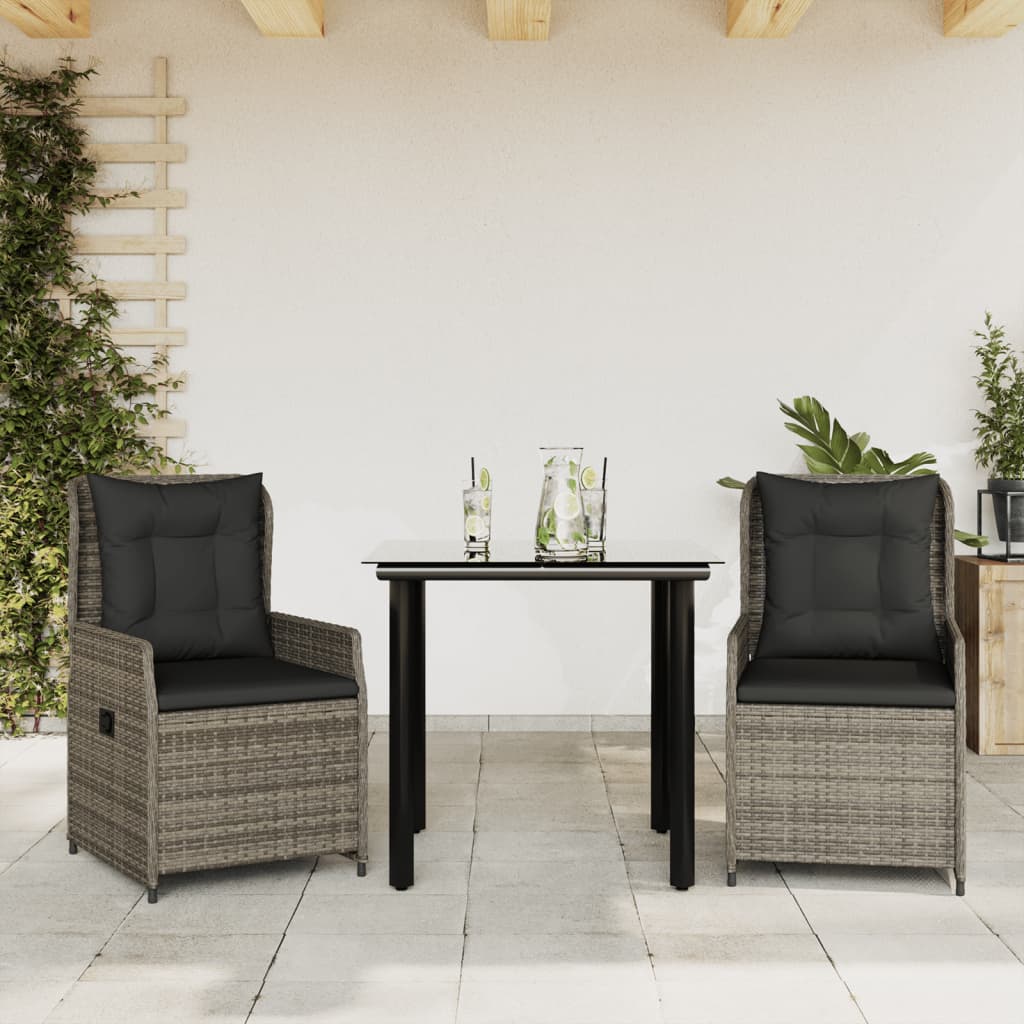 3-tlg. Garten-Essgruppe mit Kissen Grau Poly Rattan