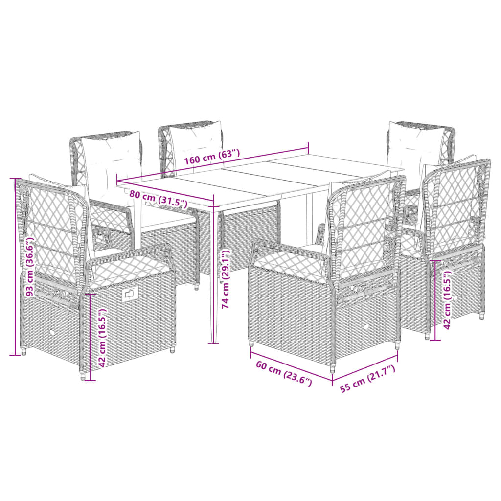 7-tlg. Garten-Essgruppe mit Kissen Schwarz Poly Rattan