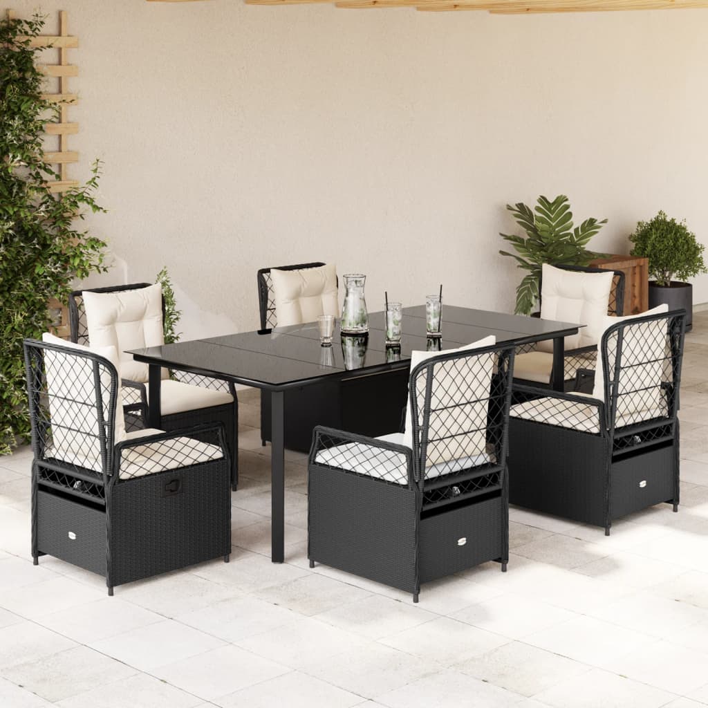 7-tlg. Garten-Essgruppe mit Kissen Schwarz Poly Rattan