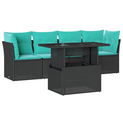 5-teiliges Gartensofa-Set mit Kissen, schwarzes Polyrattan