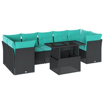 8-teiliges Gartensofa-Set mit Kissen, schwarzes Polyrattan