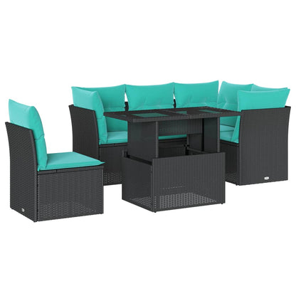 6-teiliges Gartensofa-Set mit Kissen, schwarzes Polyrattan