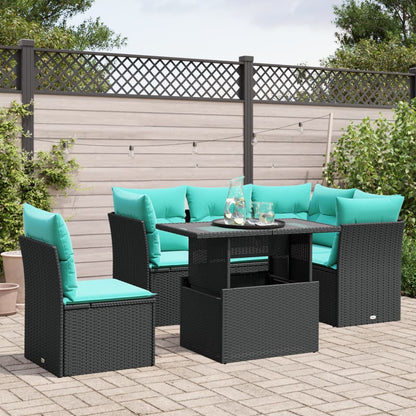 6-teiliges Gartensofa-Set mit Kissen, schwarzes Polyrattan