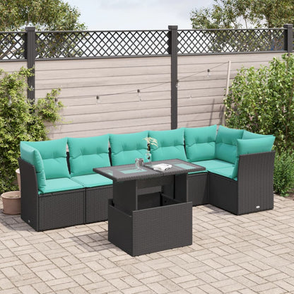 7-teiliges Gartensofa-Set mit Kissen, schwarzes Polyrattan