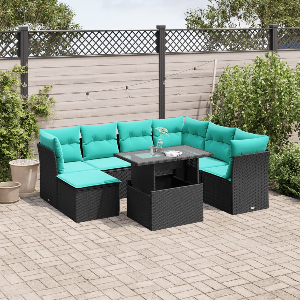 8-teiliges Gartensofa-Set mit Kissen, schwarzes Polyrattan