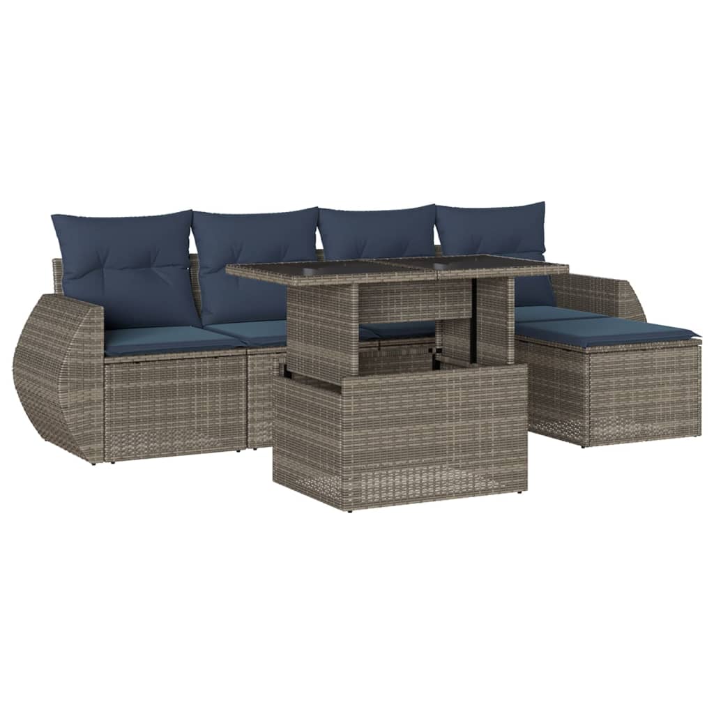 6-teiliges Gartensofa-Set mit Kissen, grau, Polyrattan