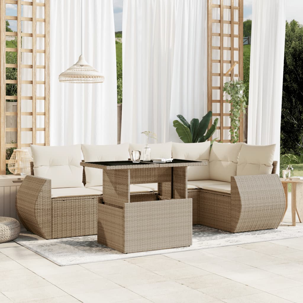 6-tlg. Garten-Sofagarnitur mit Kissen Beige Poly Rattan