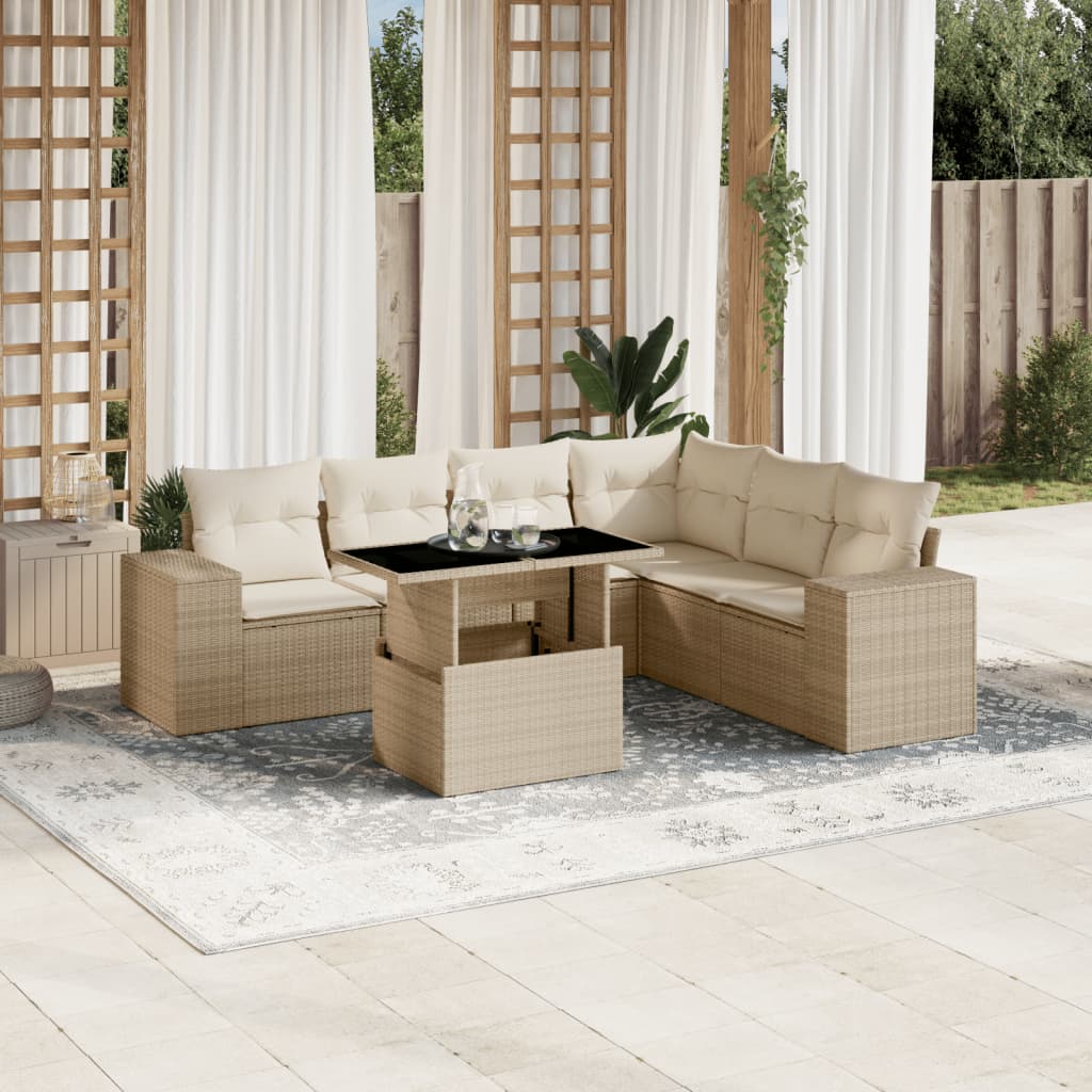 7-tlg. Garten-Sofagarnitur mit Kissen Beige Poly Rattan