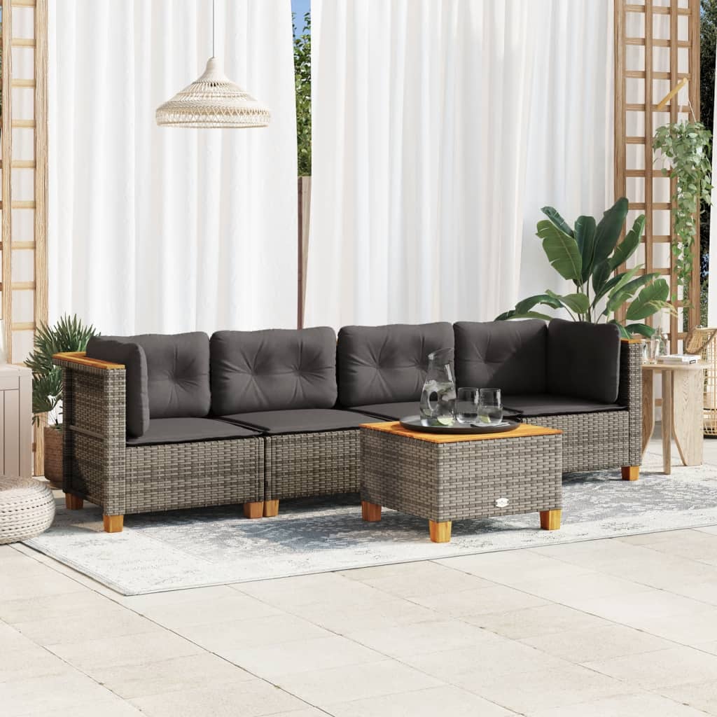 5-tlg. Garten-Sofagarnitur mit Kissen Grau Poly Rattan