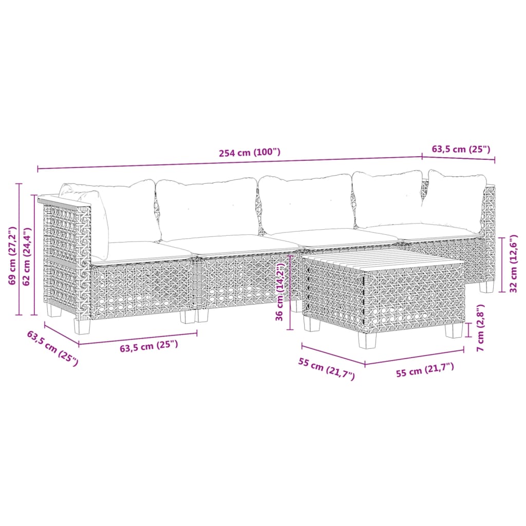 5-tlg. Garten-Sofagarnitur mit Kissen Schwarz Poly Rattan