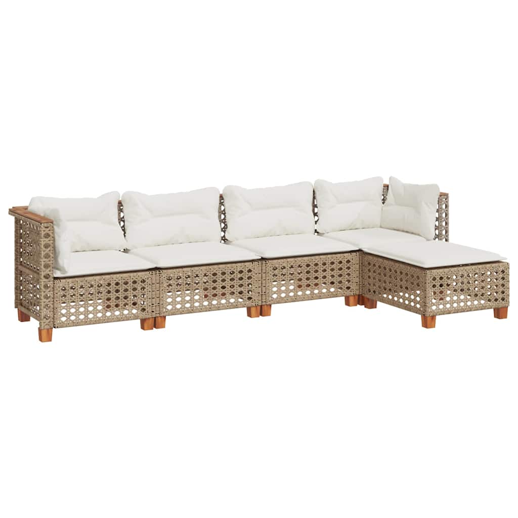 5-tlg. Garten-Sofagarnitur mit Kissen Beige Poly Rattan