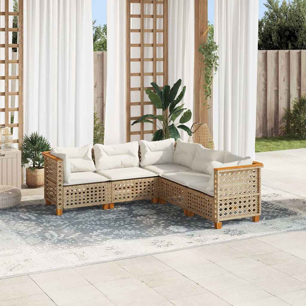 5-tlg. Garten-Sofagarnitur mit Kissen Beige Poly Rattan