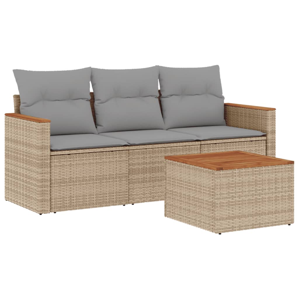 4-tlg. Garten-Sofagarnitur mit Kissen Beige Poly Rattan
