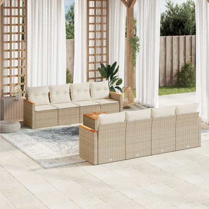9-tlg. Garten-Sofagarnitur mit Kissen Beige Poly Rattan
