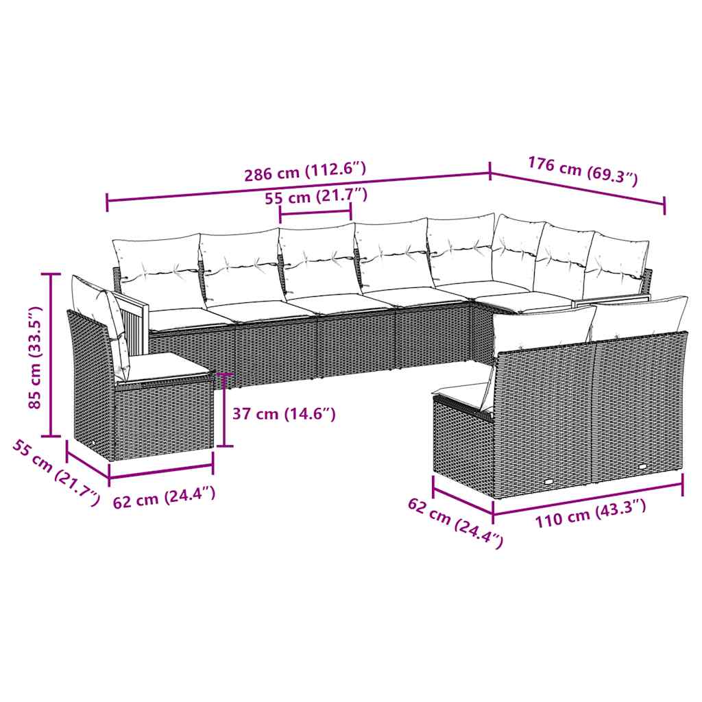10-tlg. Garten-Sofagarnitur mit Kissen Schwarz Poly Rattan