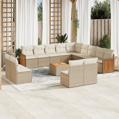 14-tlg. Garten-Sofagarnitur mit Kissen Beige Poly Rattan