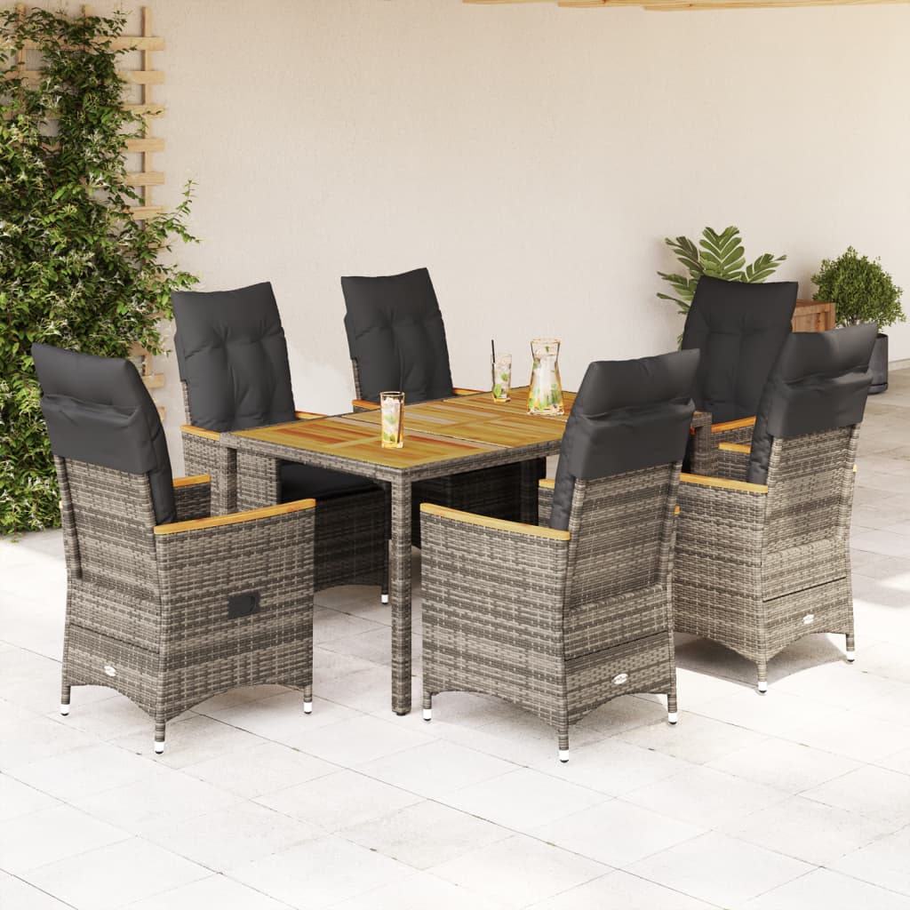 7-tlg. Garten-Essgruppe mit Kissen Grau Poly Rattan
