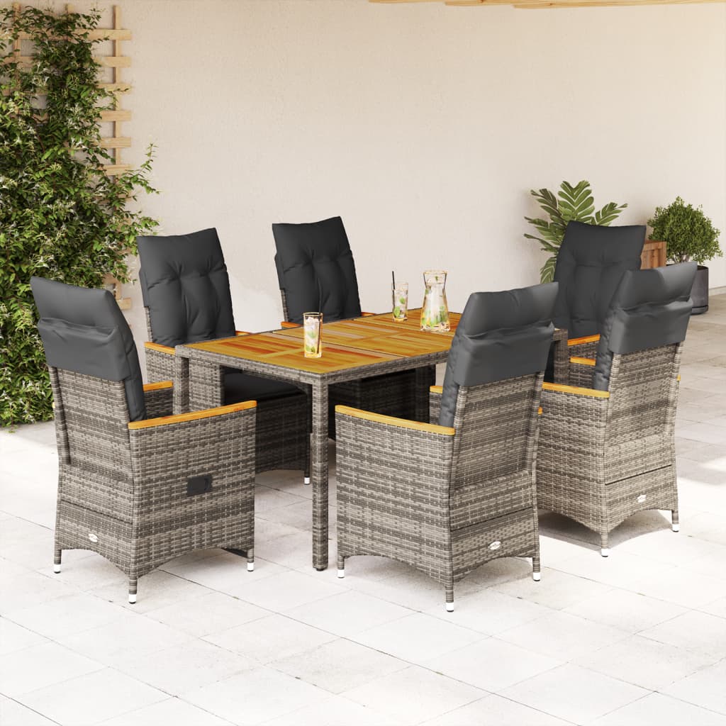 7-tlg. Garten-Essgruppe mit Kissen Grau Poly Rattan